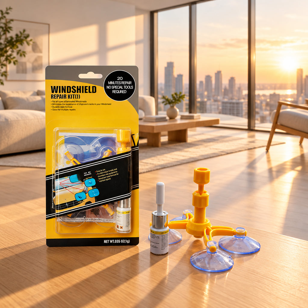 Windshield repair kit with packaging and tools on a white background